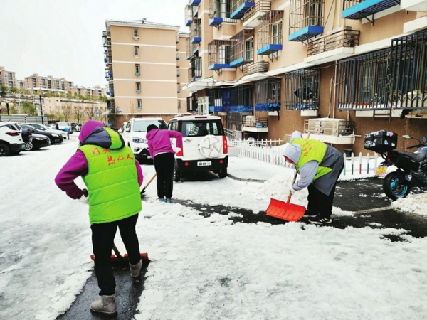 ▲城子街道龙门六区社区志愿者铲雪